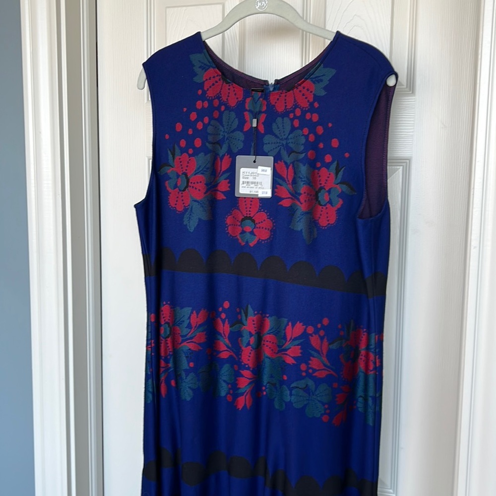 St. John new with tags size 16 knit blue with red print sleeveless dress.